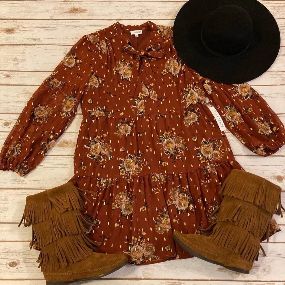 Luxology Rust Floral Baby Doll Dress S_3